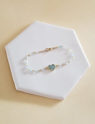 Beaded Aquamarine Bracelet, Heart Bracelet, Valentine's Day Gift Idea, Handmade Gemstone Bracelet