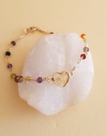 Dainty Citrine Heart Bracelet, Multi Gemstone Beaded Bracelet