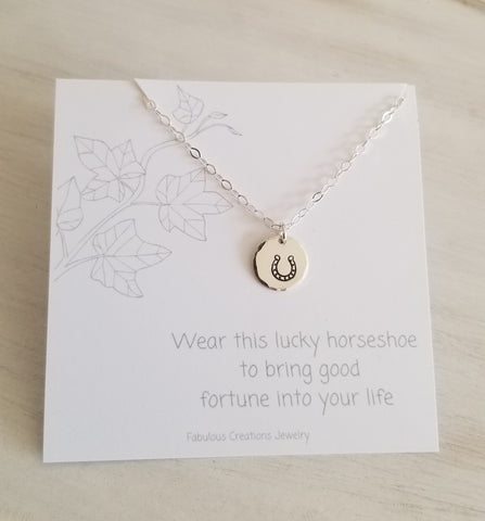 Good Luck Horseshoe Charm Necklace, Dainty Disc Necklace
