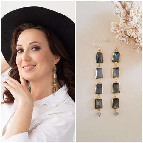 Labradorite Earrings, Chunky Gemstone Earrings, Shoulder Duster Earrings, Long Labradorite Dangle, Boho Statement, Labradorite Jewelry