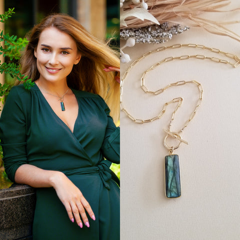 Labradorite Pendant Necklace with Front Toggle Clasp. Modern Gemstone Necklace for Women, Gift for Her, Statement Necklace handcrafted in the USA