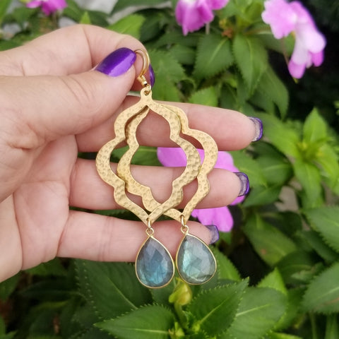 Labradorite Earrings, Gold Statement Earrings