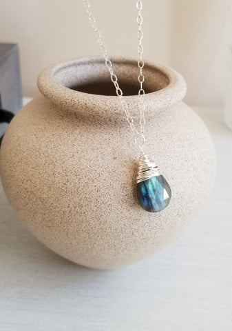 Raw Labradorite Necklace, Blue Flash Labradorite Pendant Necklace, Handmade Gemstone Jewelry in the USA