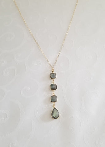 Gold Labradorite Necklace, Long Labradorite Center Drop Pendant Necklace