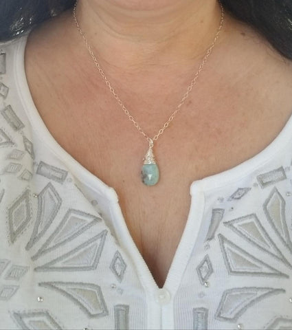 Larimar Necklace, Wire Wrapped Larimar Pendant