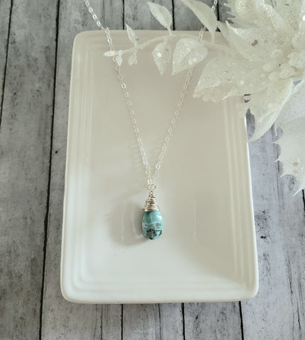 Larimar Necklace, Wire Wrapped Larimar Pendant