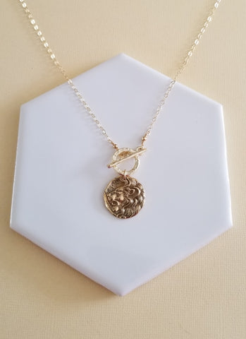 Symbolic Lion Medallion Pendant Necklace, Gold Front Toggle Necklace
