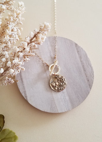 Gold Lion Head Medallion Necklace, Modern Toggle Clasp Necklace, Statement Necklace