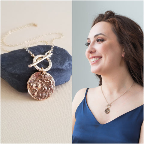 Lion Necklace, Gold Toggle Necklace, Lion Coin Pendant, Modern Front Toggle Necklace, Symbolic Lion Necklace, Necklace of Strength