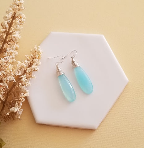 Aqua Chalcedony Drop Earrings, Wire Wrapped Stone Earrings