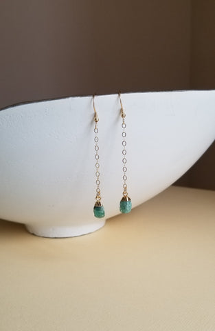 Raw Emerald Earrings, Delicate Gold or Silver Earrings