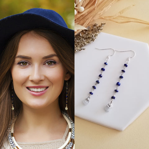 Long Lapis Lazuli Beaded Earrings with Raw Moonstone