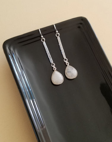 Hammered Bar Earrings, Moonstone Teardrop Earrings, Gift Idea for Women, Christmas Gift