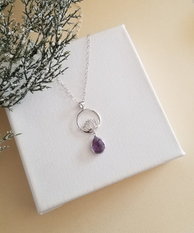 Lotus Flower Necklace Sterling Silver, Amethyst Pendant Necklace, Inspirational Gift, Lotus Necklace with Amethyst Teardrop, Silver Lotus Pendant Necklace for Women