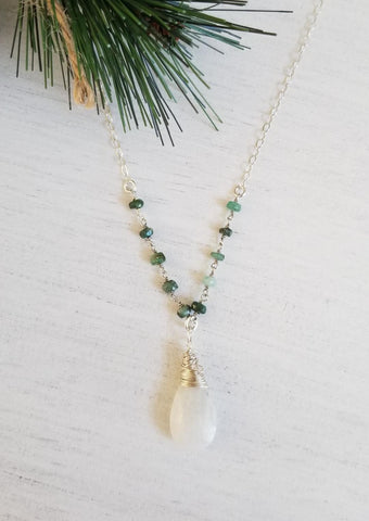 Beaded Emerald Stone Necklace with Teardrop Moonstone