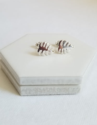Dainty Leaf Stud Earrings, Sterling Silver Monstera Studs
