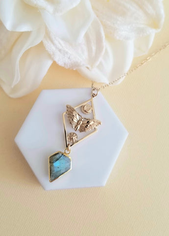 Gold Moth Moon and Sun Charm Necklace, Labradorite Pendant, Edgy Boho Necklace