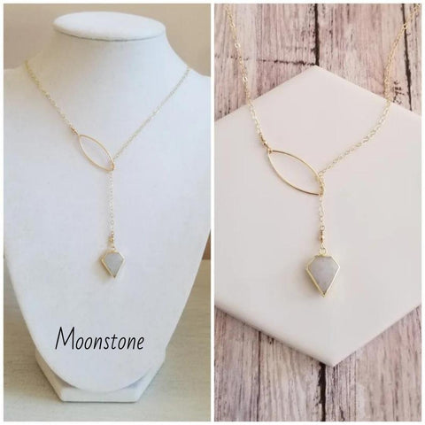 Gold Moonstone Lariat, Moonstone Y Necklace