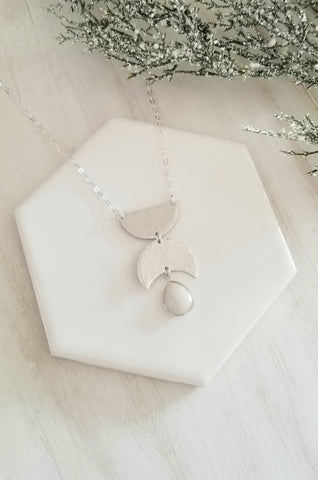 >dgy Boho Necklace, Hammered Geometric Necklace, Moonstone Pendant, Boho Stone Necklace, Silver Statement Necklace, Moon Phase Pendant, Contemporary Jewelry