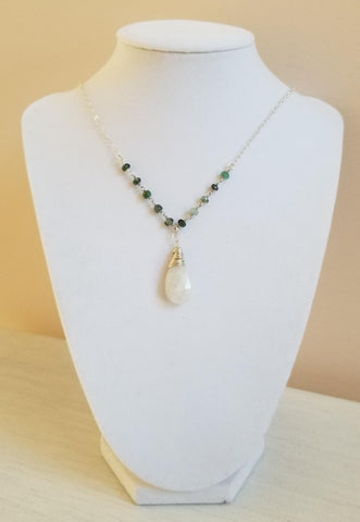 Beaded Emerald Stone Necklace with Teardrop Moonstone