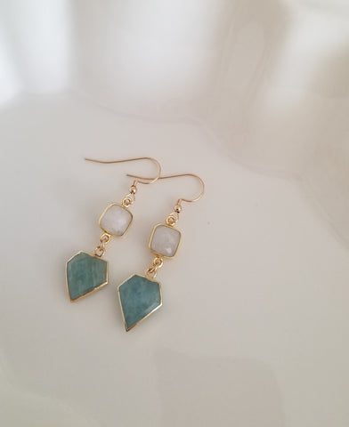 Natural Moonstone and Aquamarine Dangle Earrings