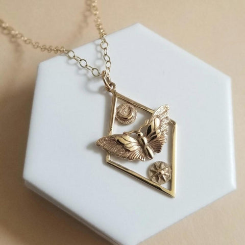 Gold Moth Pendant Necklace, Moth Sun and Moon Charm Necklace,