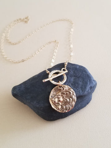 Unique Front Toggle Necklace, Lion Pendant Necklace, Symbol of Strength
