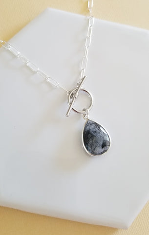 Black Rutilated Quartz Teardrop Necklace, Sterling Silver Paper Clip Chain with Toggle Clasp