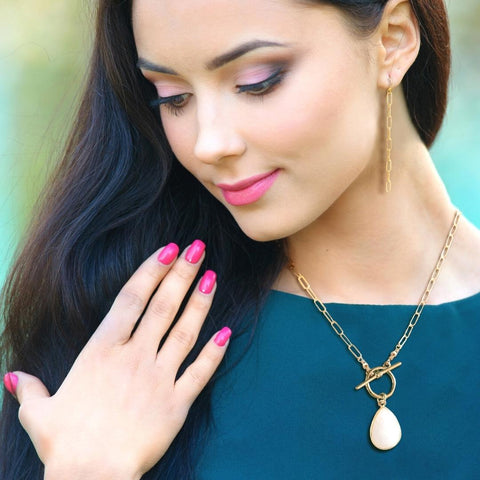 Gold Paperclip Chain with Moonstone Pendant, Modern Toggle Bar Necklace, Elegant Necklace for Women Handmade in the USA