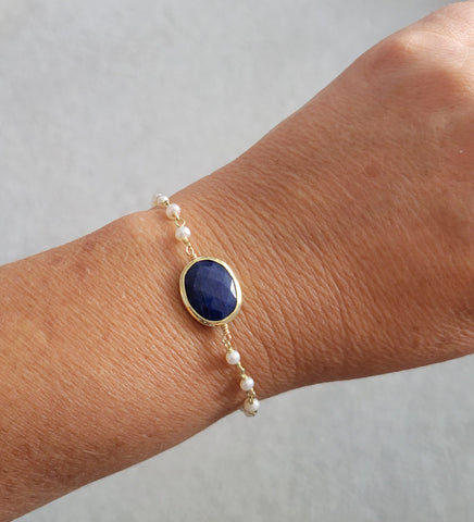 Pearls and Sapphire Bracelet, Dainty Bracelet, Skiinny Bracelet, Gift for Her