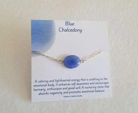 Blue Chalcedony Bracelet, Sterling Silver Paperclip Chain Bracelet