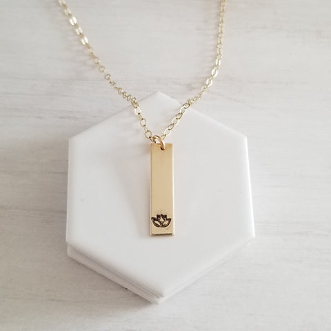 Gold Bar Necklace, Hand Stamped Lotus Flower Bar Pendant