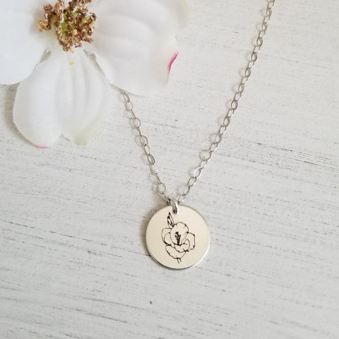 Dainty Flower Charm Necklace, Engraved Gladiolus Flower, Gift for Her