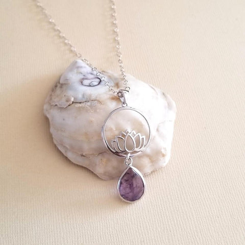Lotus Flower and Amethyst Pendant Necklace