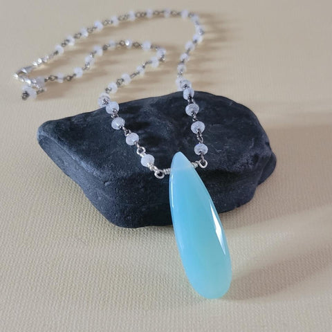 Aqua Chalcedony and Moonstone Necklace, Bohemian Beaded Chain Necklace