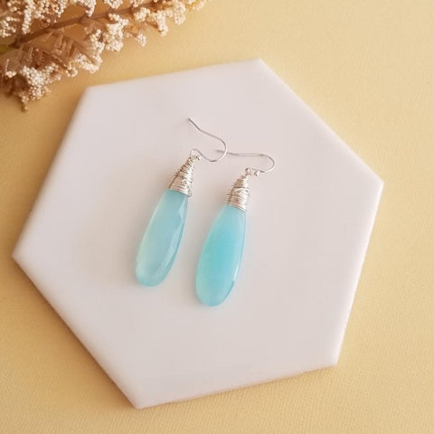 Aqua Chalcedony Drop Earrings, Wire Wrapped Stone Earrings