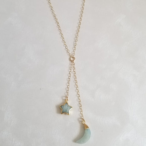 Aquamarine Moon and Star Y Necklace-Gold Filled Center Drop Necklace