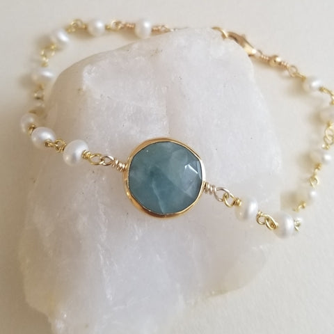 Natural Aquamarine Bracelet for women, Gift for Her, Thin Pearl Bracelet