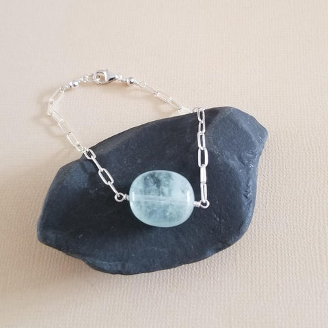 Aquamarine Bracelet for Women, Paperclip Chain Bracelet with Aquamarine Stone, Gift for Her, Gemstone Nugget Bracelet, March Birthstone