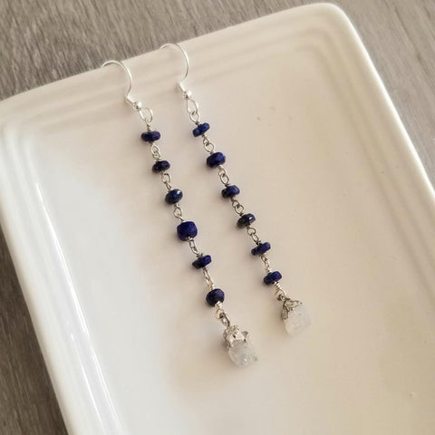 Natural Emerald and Moonstone Earrings, Long Gemstone Beaded Earrings