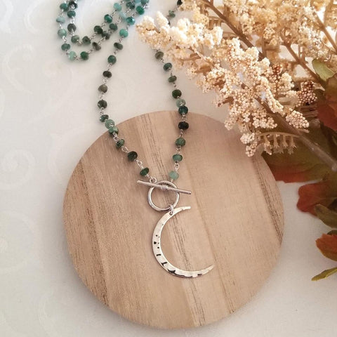 Beaded Emerald Chain Necklace with Crescent Moon Pendant