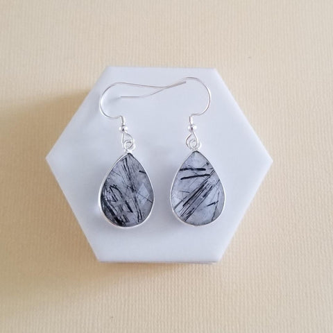 Black Rutilated Quartz Earrings, Crystal Dangle Earrings, Sterling Silver Black Quartz Earrings, Raw Gemstone Teardrop Earrings,Gift for Her