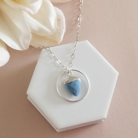 Modern Circle with Blue Opal  Pendant Necklace, Everyday Gemstone Necklace Made in the USA
