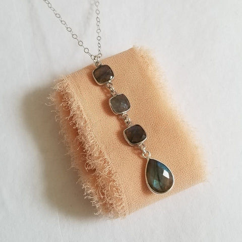 Labradorite Pendant Necklace, Long Center Drop Necklace