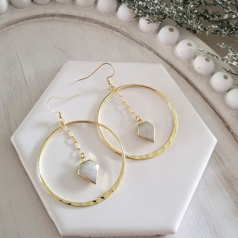 Gold Moonstone Hoop Earrings, Gemstone Statement Earrings