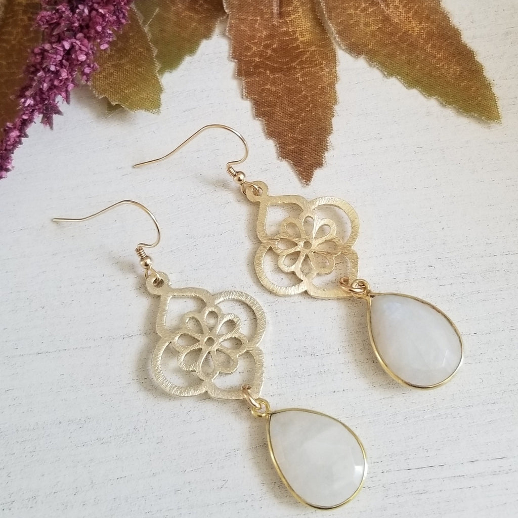 Gold Moonstone Earrings, Statement Earrings