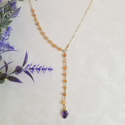 Carnelian Y necklace, Raw Amethyst Necklace, Boho Y Necklace