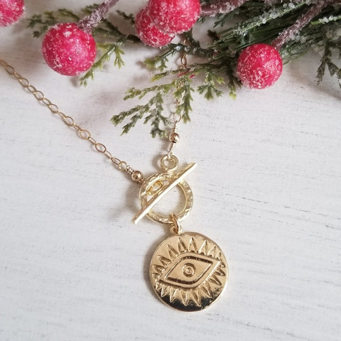 Front Toggle Gold Evil Eye Charm Necklace