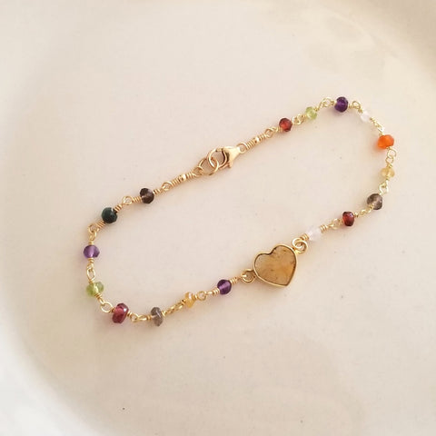 Heart Bracelet, Citrine Bracelet, Multi Gemstone Beaded Bracelet with Heart, Dainty Citrine Heart Bracelet, Gift for Her