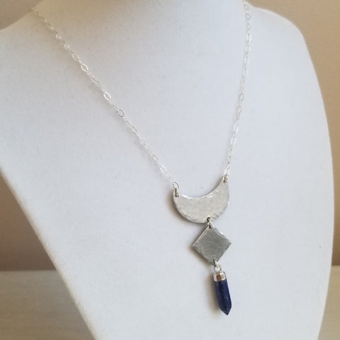 Silver Geometric Pendant Necklace with Lapis Lazuli